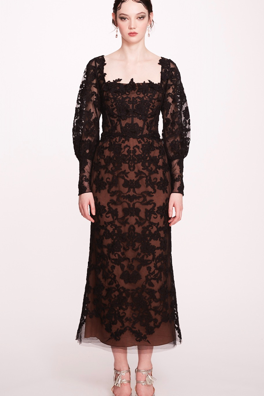 Long-Sleeve Corded Lace Dress