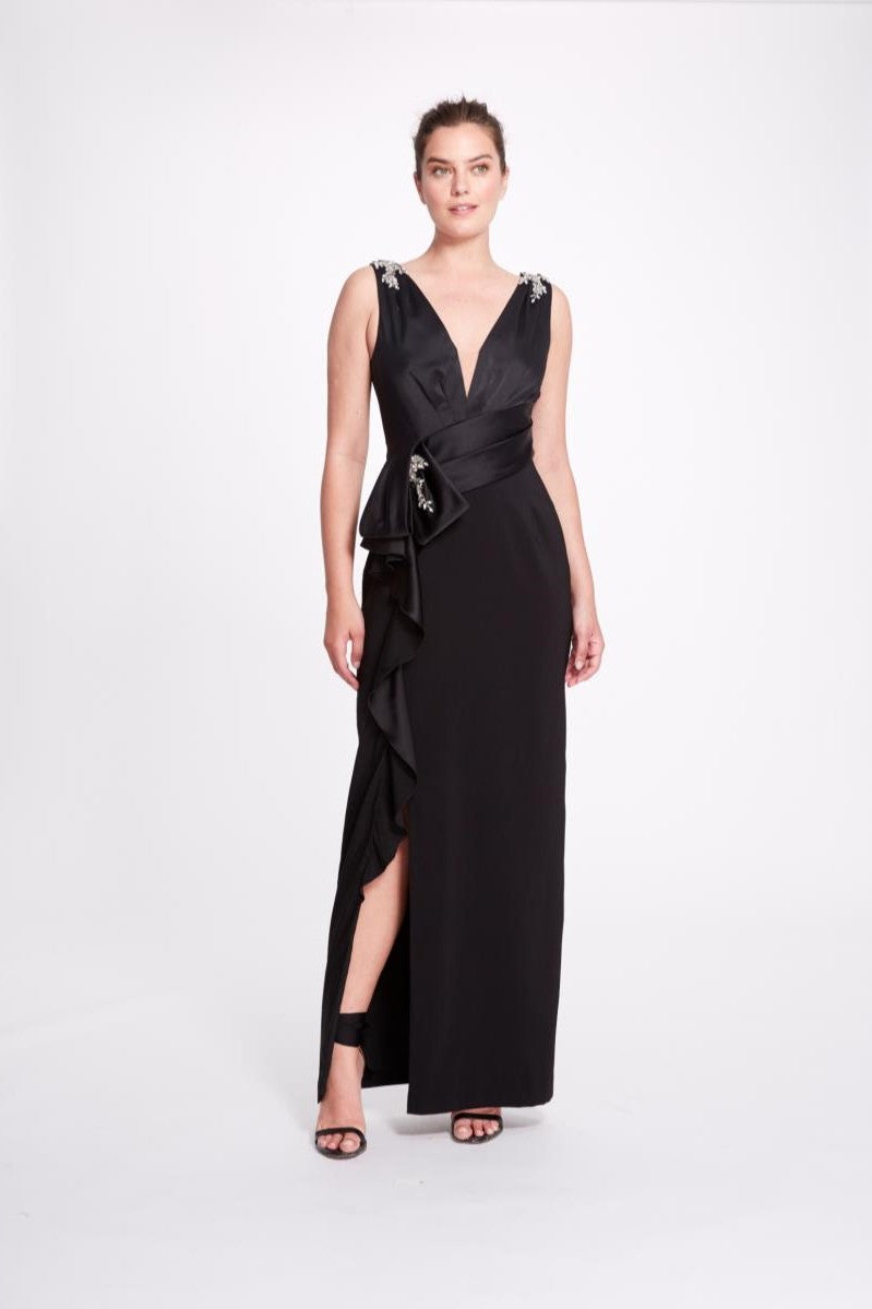 Sleeveless Satin Back Crepe Slit Gown