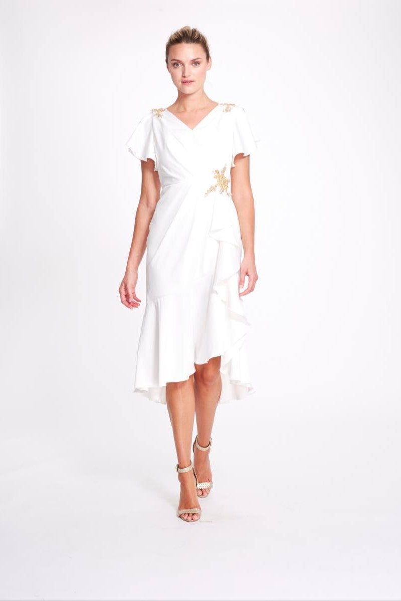 Flutter Sleeve Satin Back Crepe Dress