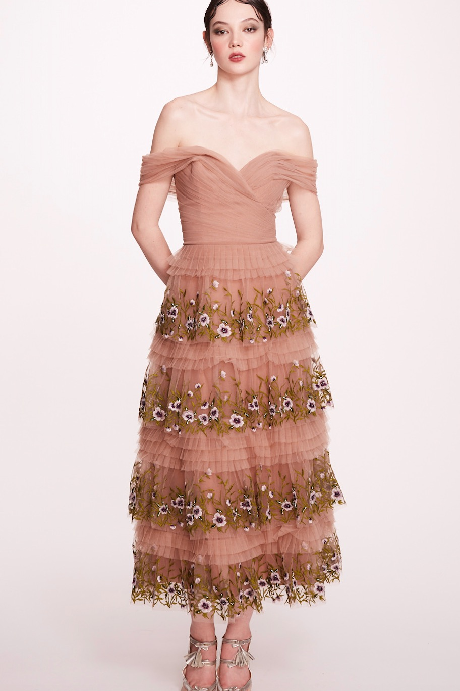 Off Shoulder Tulle Midi Dress