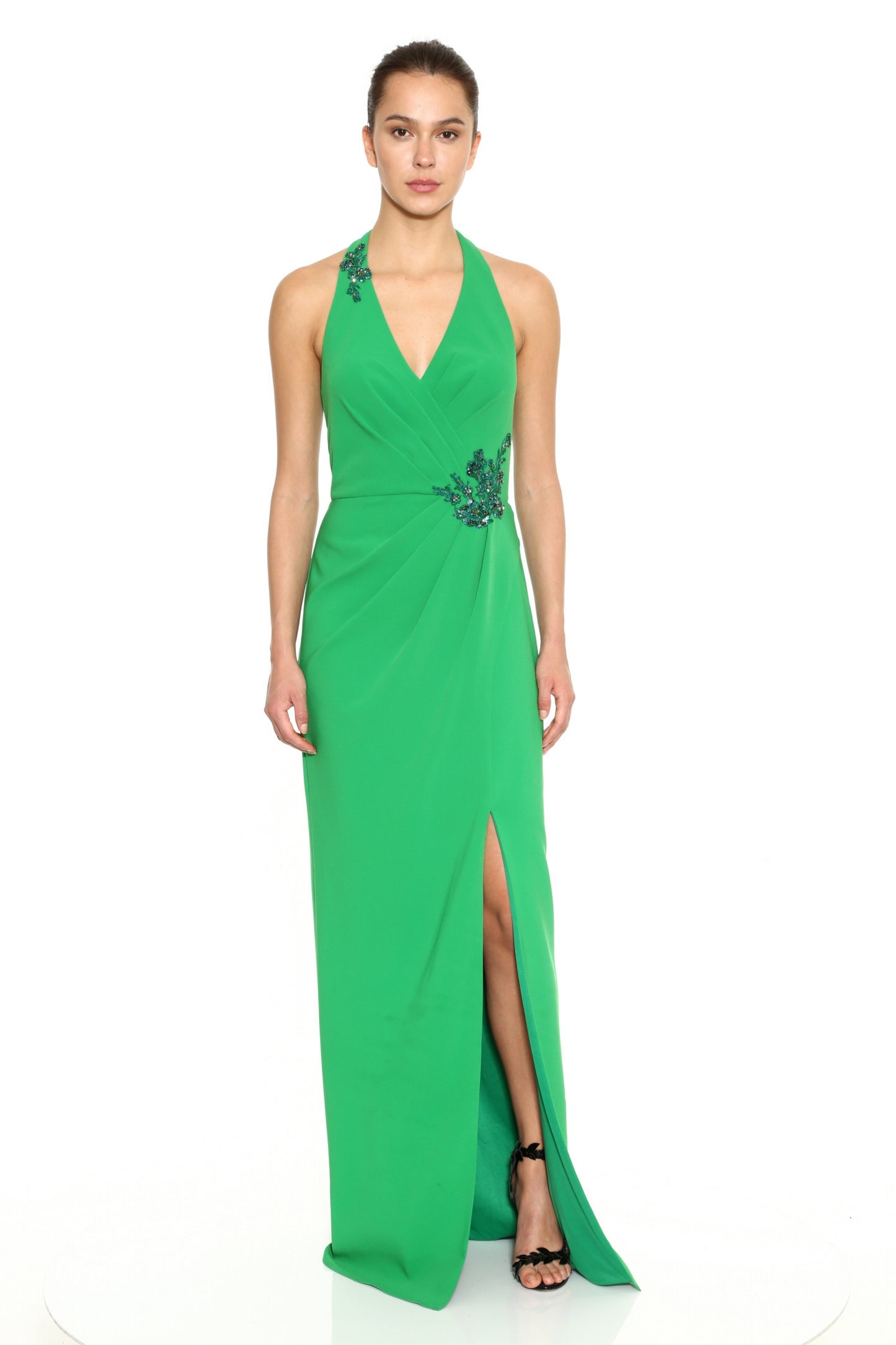 Halter V Neck Crepe Gown