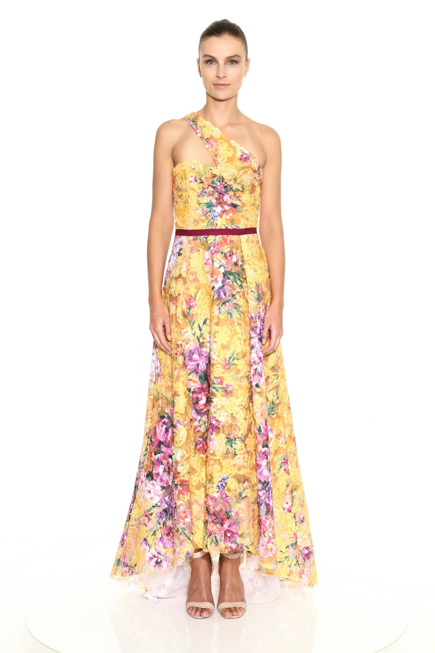 One Shoulder Printed Soutache Hi Lo Gown