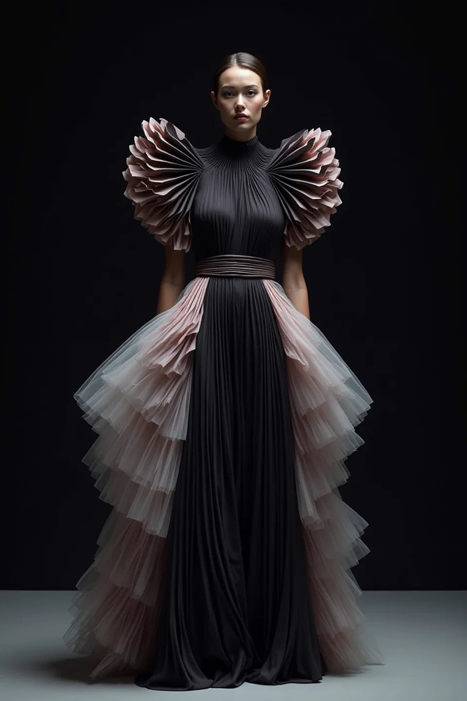 Structured-Sleeved Tiered Gown