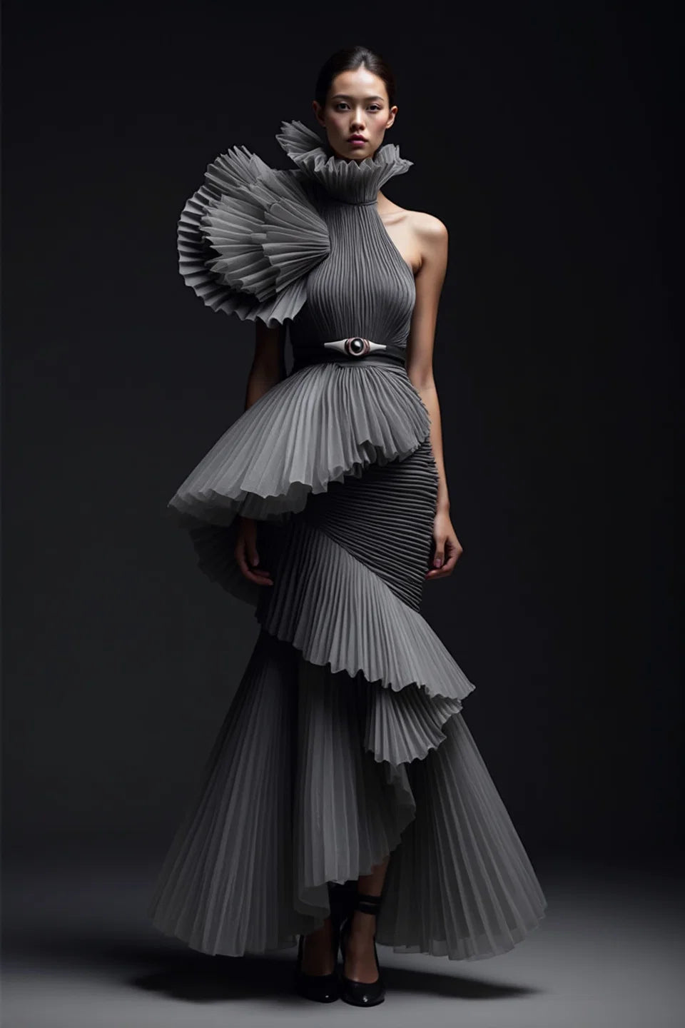 Fully-Pleated Flared Gown