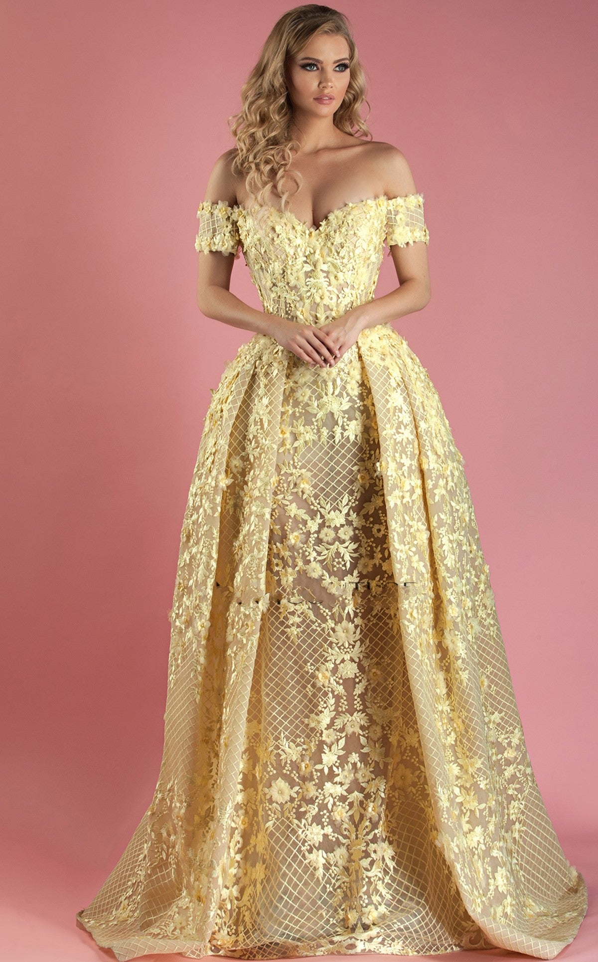 Off the Shoulder Yellow Floral Evening Gown