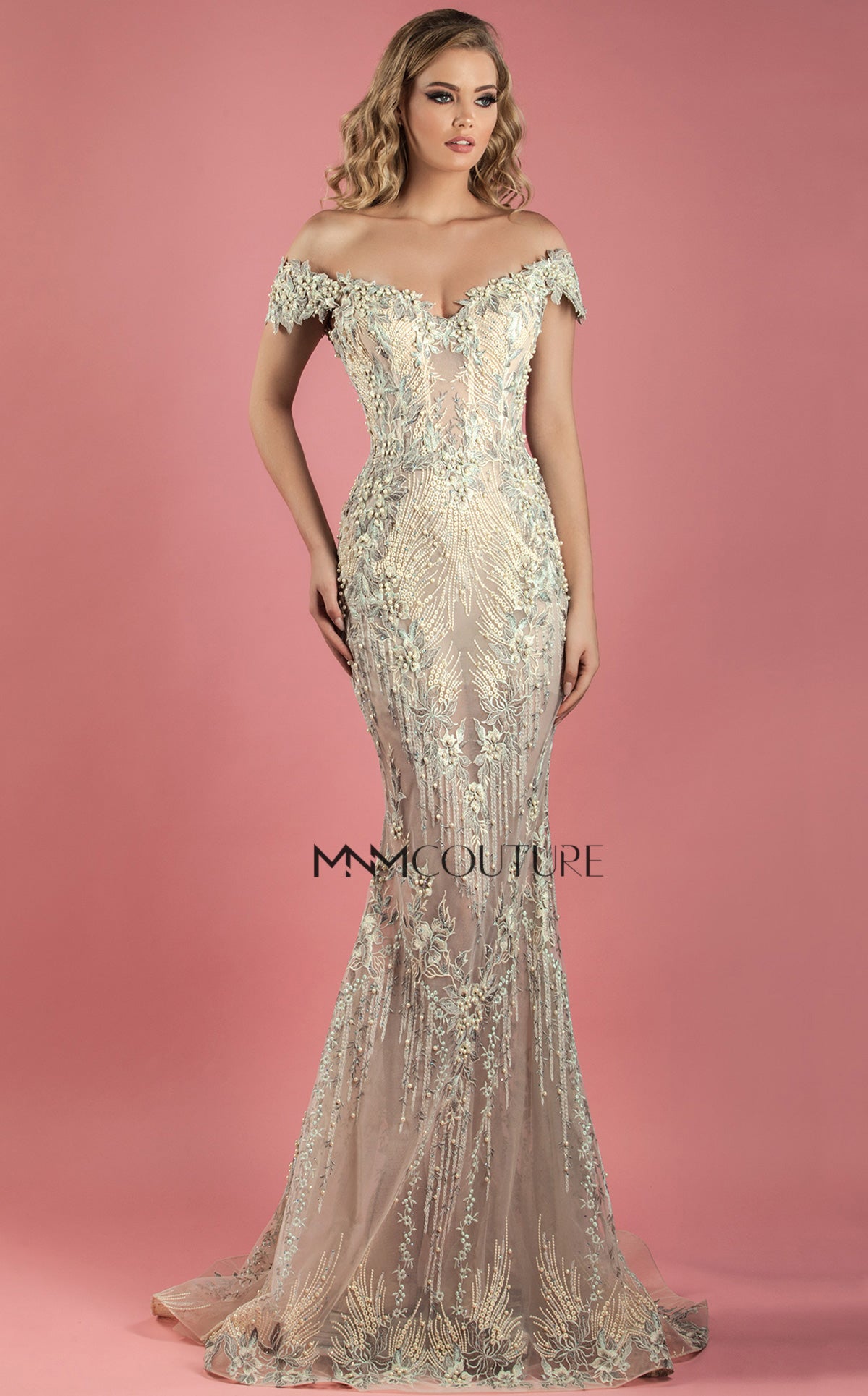 Beige Off the Shoulder Evening Gown
