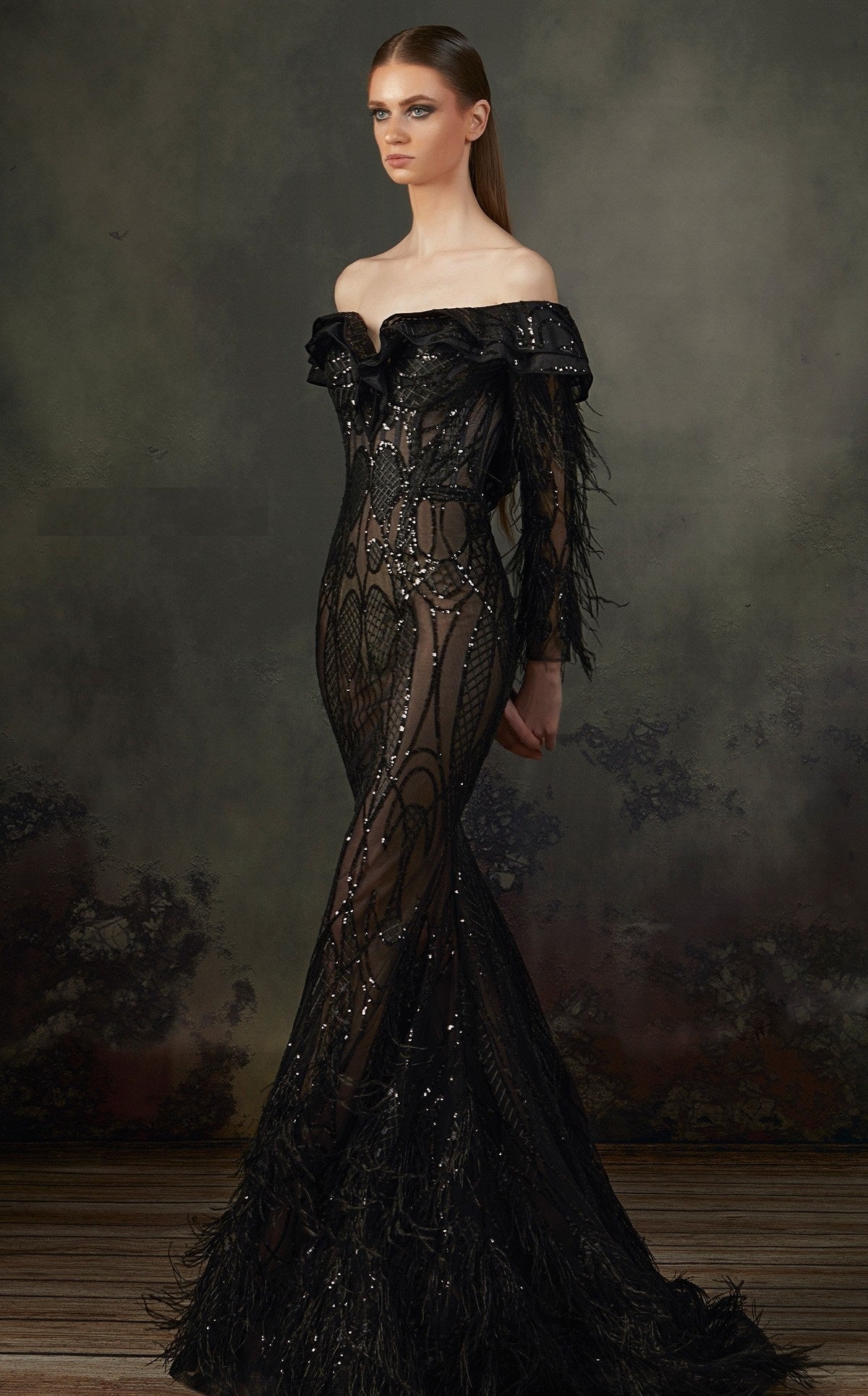 Off Shoulder Black Embellished Evening Gown