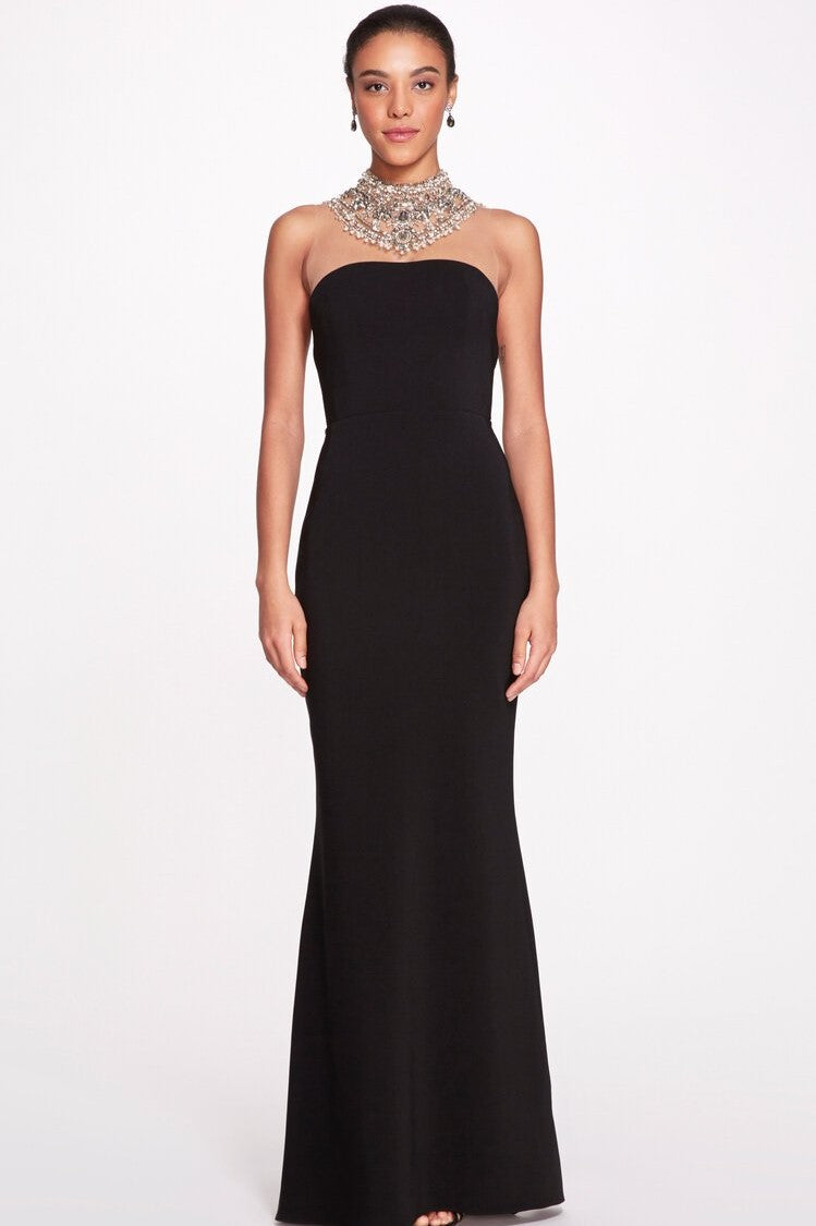 Illusion Tulle Yoke Stretch Crepe Gown