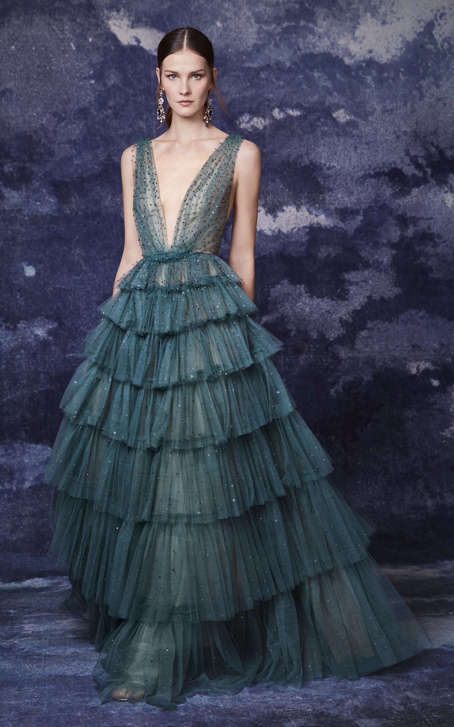 Plunging V Neckline Tulle Gown