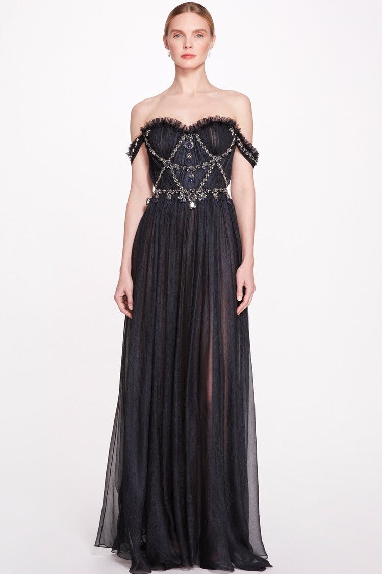 Grecian Metallic Finish Chiffon Gown