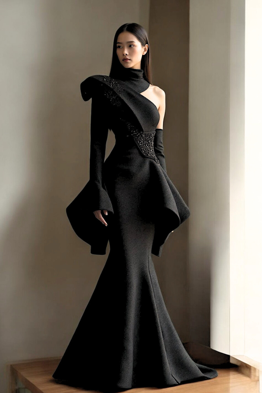 Asymmetric Open Shoulder Gown
