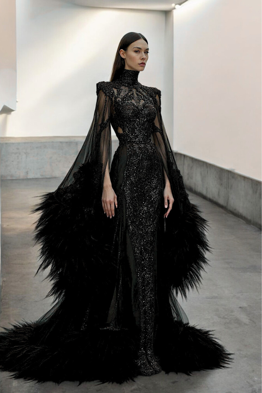 Draping Illusion Feather Gown