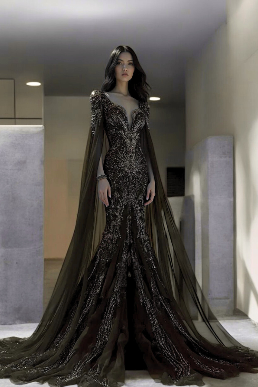Embroidered Draping Cape Gown