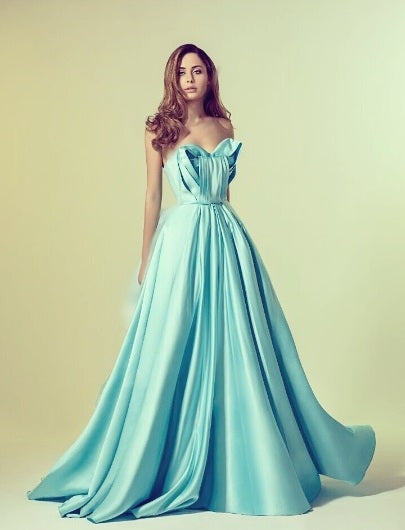 Blue Strapless Satin Evening Gown