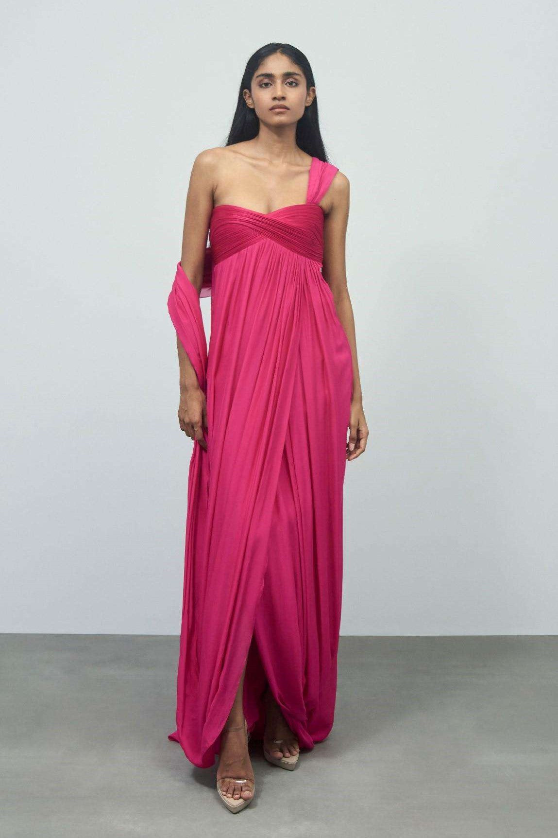 Pleated One-Shoulder Gown