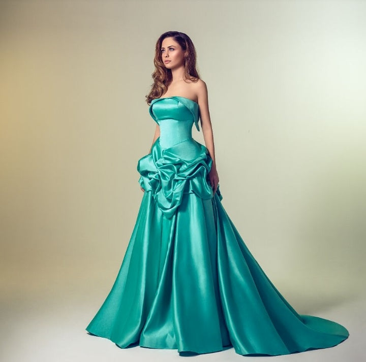 Strapless Satin Draped Evening Gown