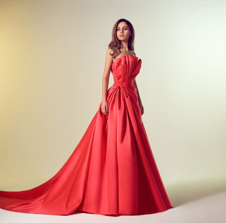 Red Strapless Satin Evening Gown