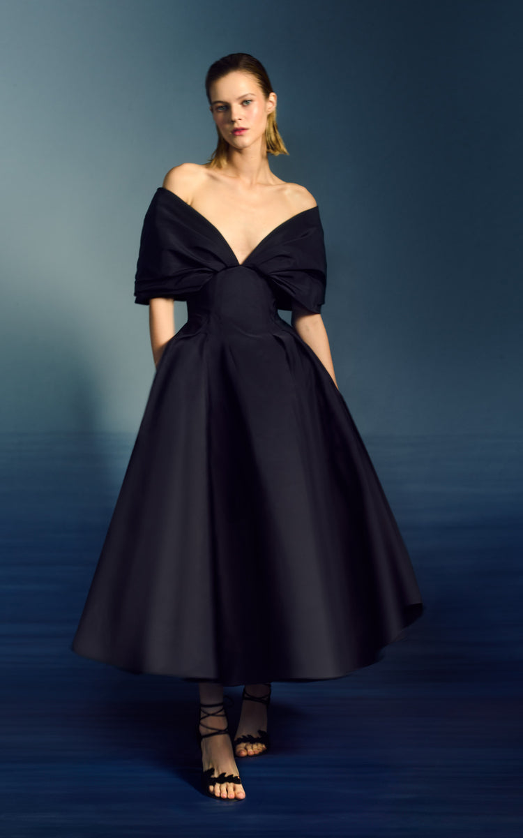 Draped Off Shoulder Midi Dress