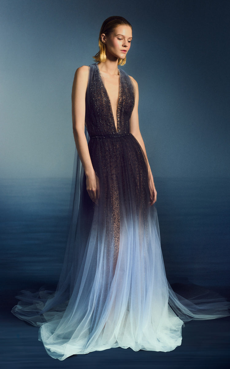 Plunge Neck Halter Ombre Gown