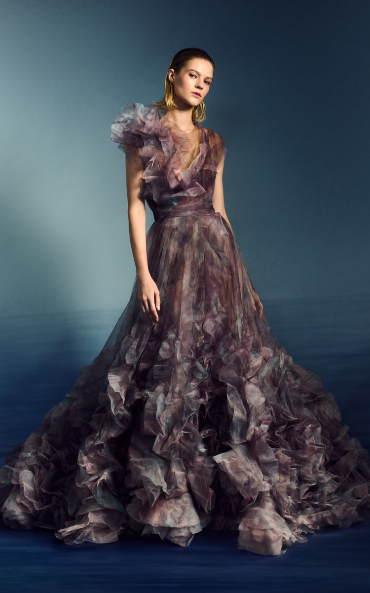 Printed Ruffled Ball Gown
