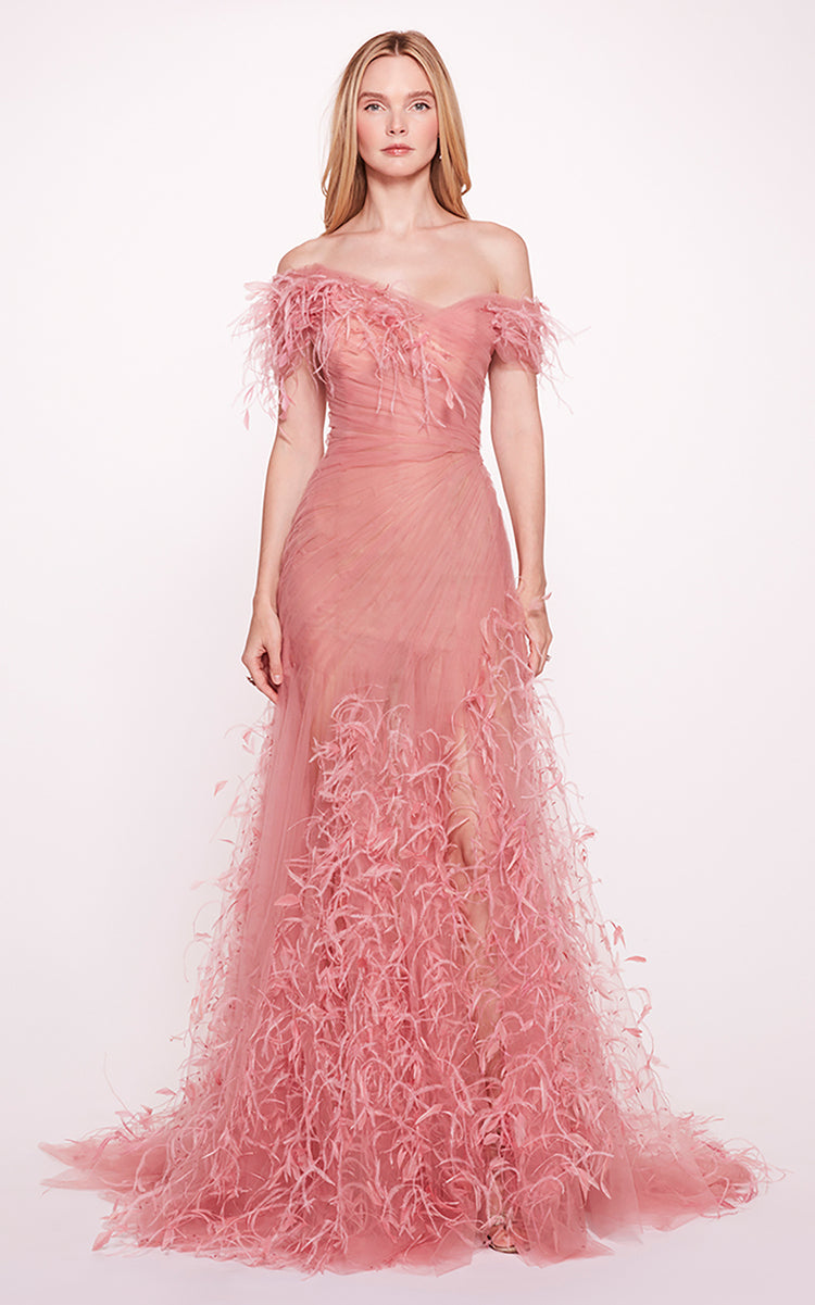 Off-Shoulder Feathered Gown