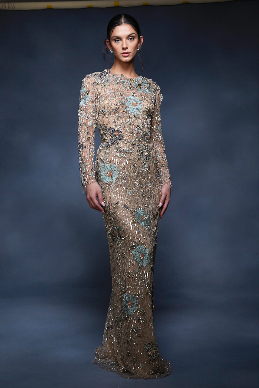 Sequin and Threadwork Embroidered Gown