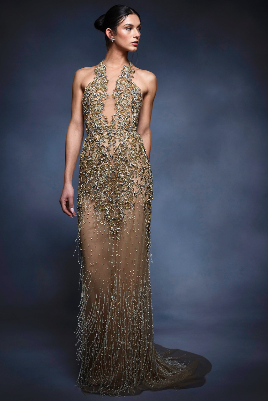 Racer Back Gown with Plunging Neckline