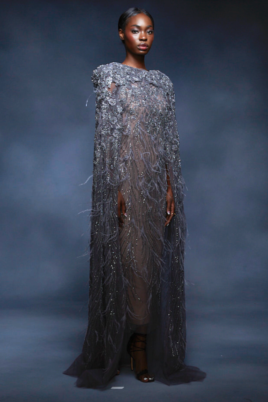 Beaded Feathered Midi Gown with Floor-Length Cape