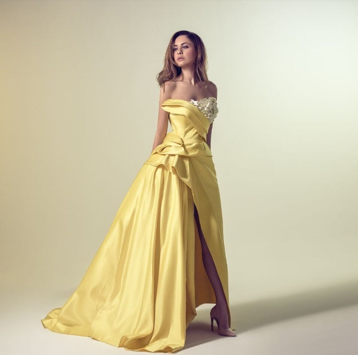 Strapless Satin Peplum Evening Gown