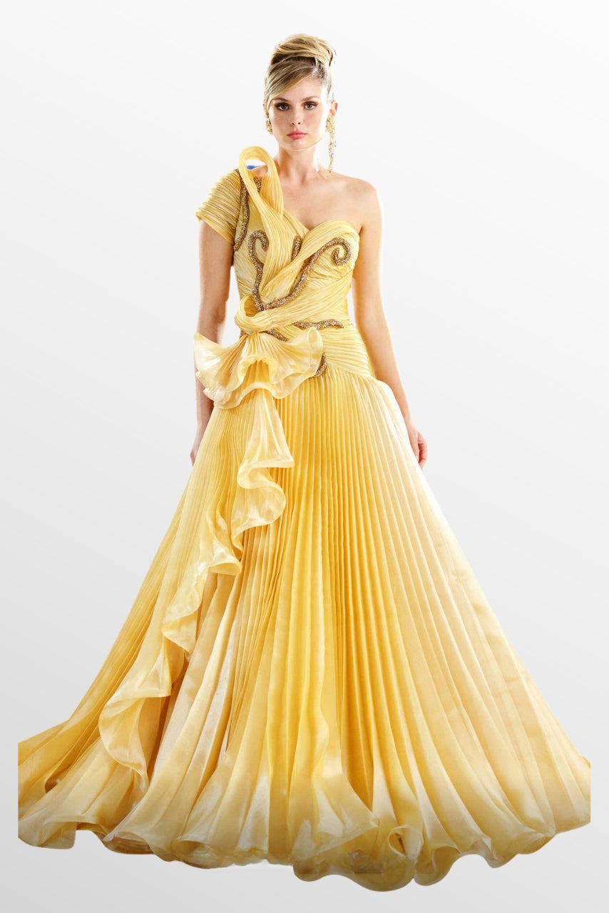 Short Sleeve One Shoulder Pleated A-Line Gown