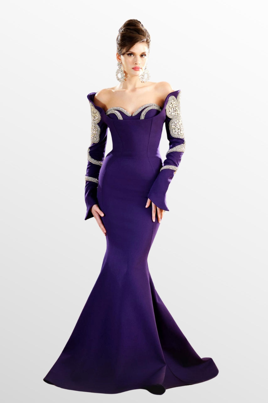 Embellished Long Sleeve Off Shoulder Gown