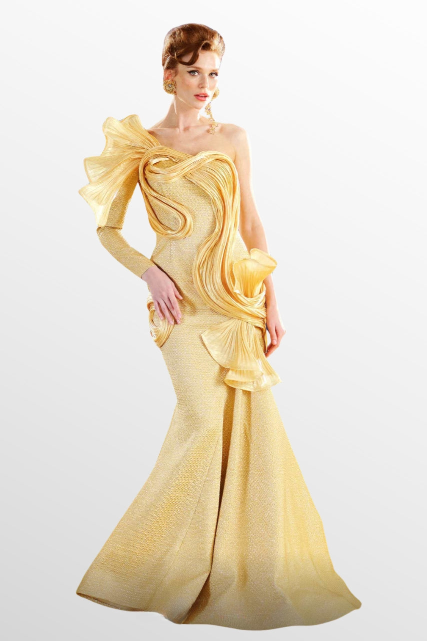 Long Sleeve Asymmetric Sculpted Gown
