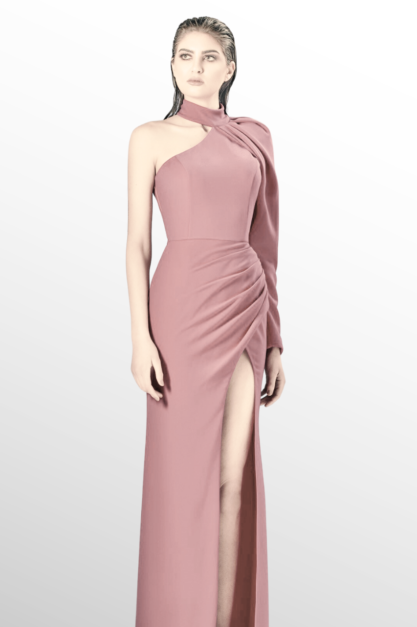 One Sleeve Column Slit Gown