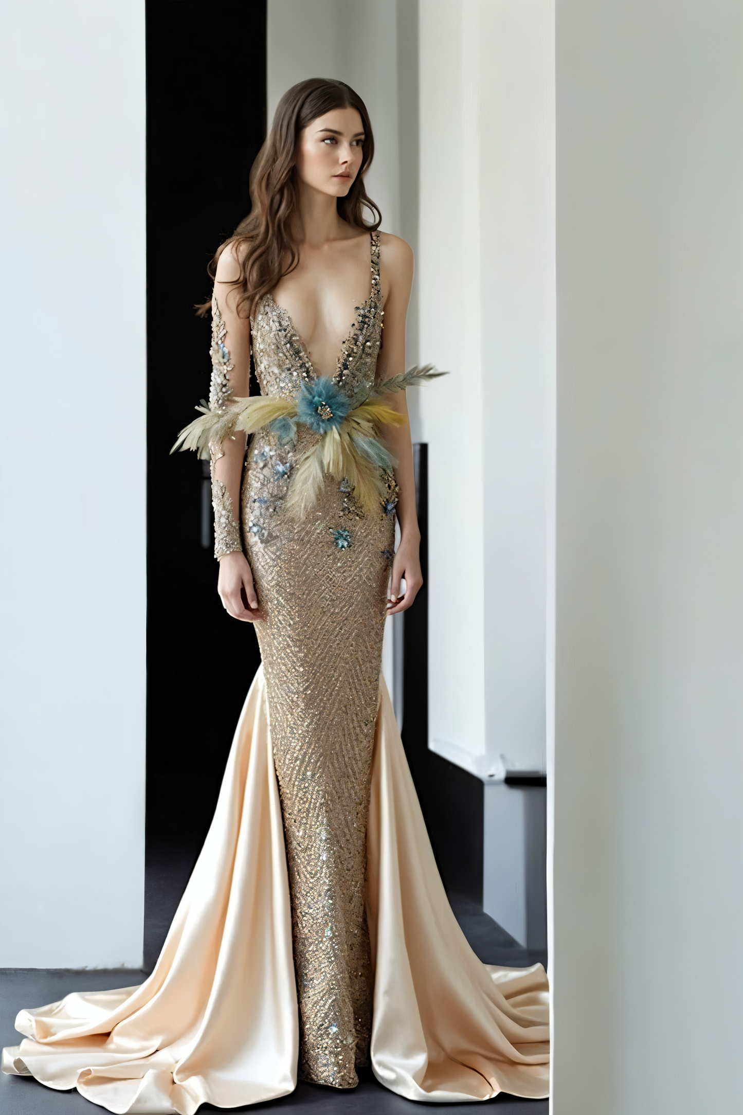 Feathered Detailed Flared Gown