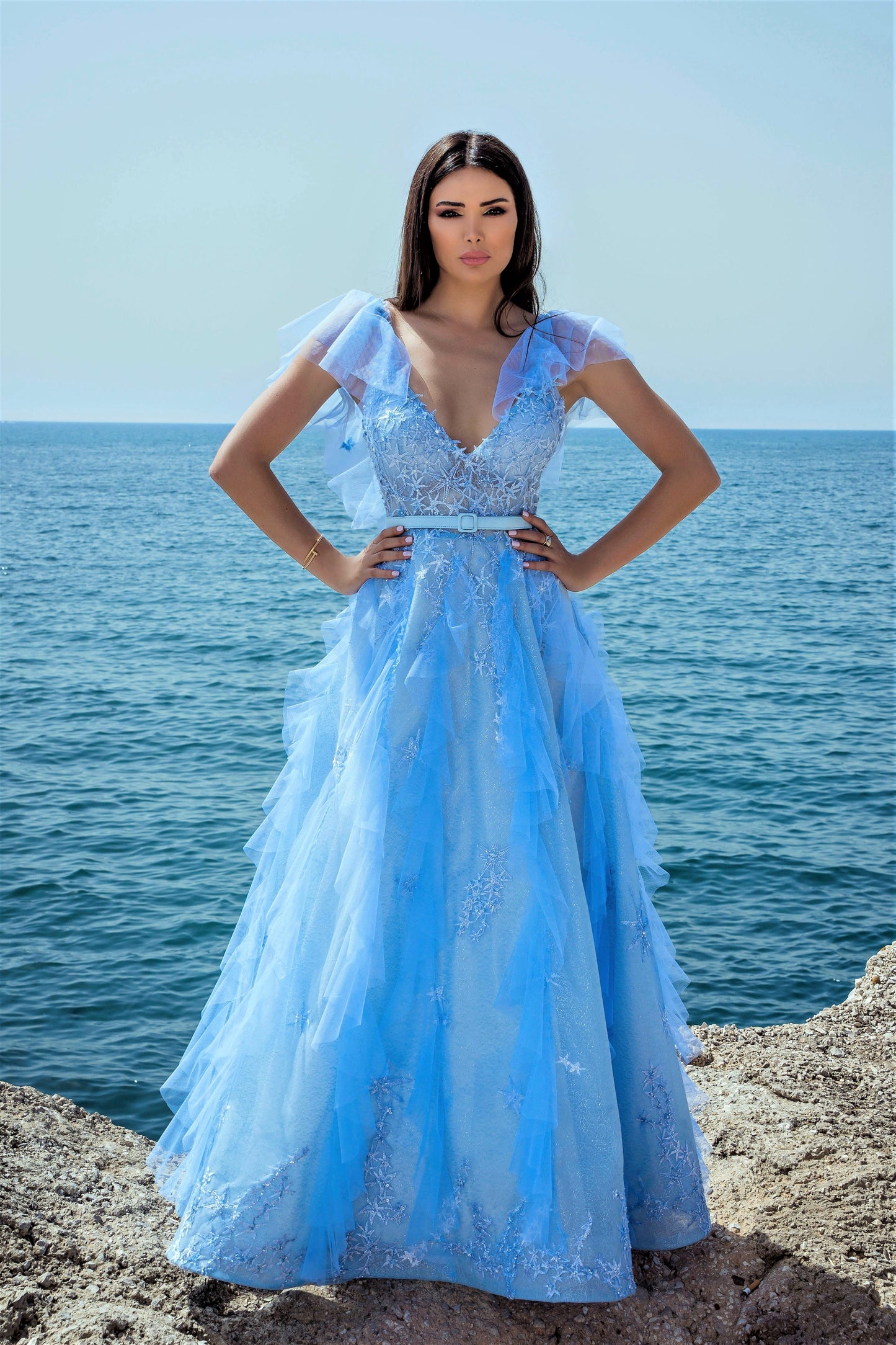 Ruffled Tulle and Lace Gown