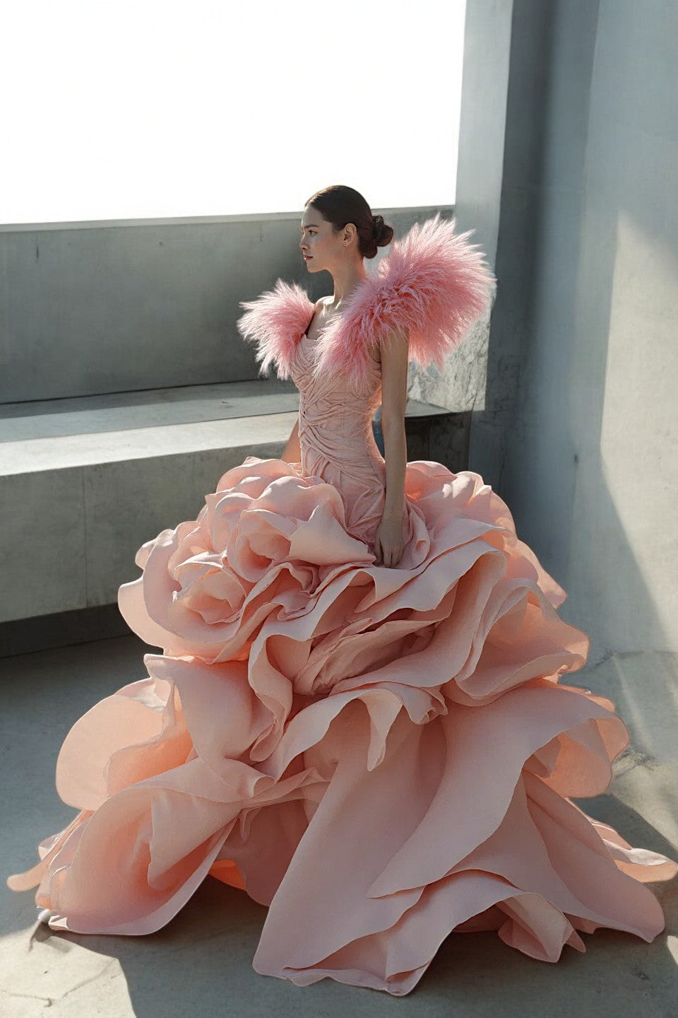 Feathered Sleeve Drop Waist Gown