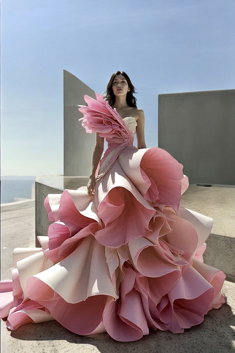 Strapless Structured Ruffled Gown