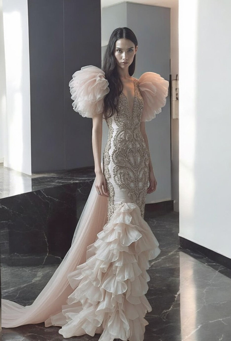 Puff Sleeve Embellished Gown