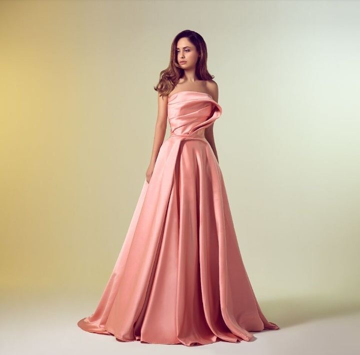 Strapless Satin Pleated Evening Gown