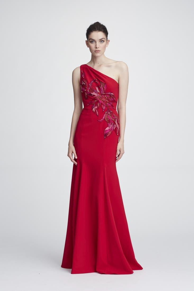 One Shoulder Stretch Crepe Red Gown
