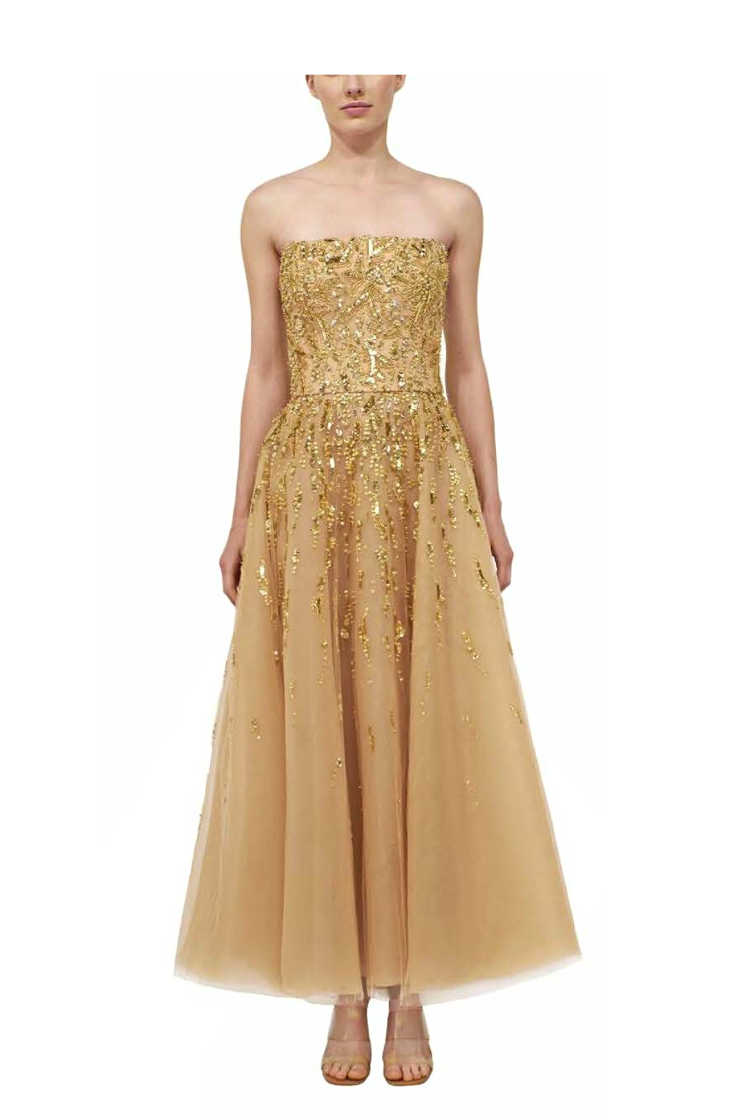 Embroidered Strapless Tulle Tea-Length Gown