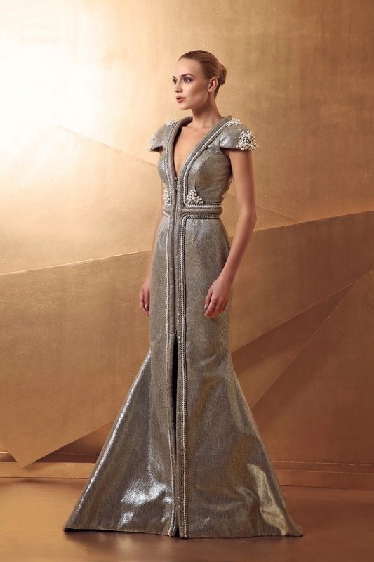 Pearl Detailed Cap Sleeve Gown