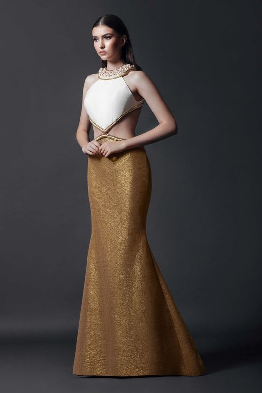 Beaded Cutout Fit and Flare Gown