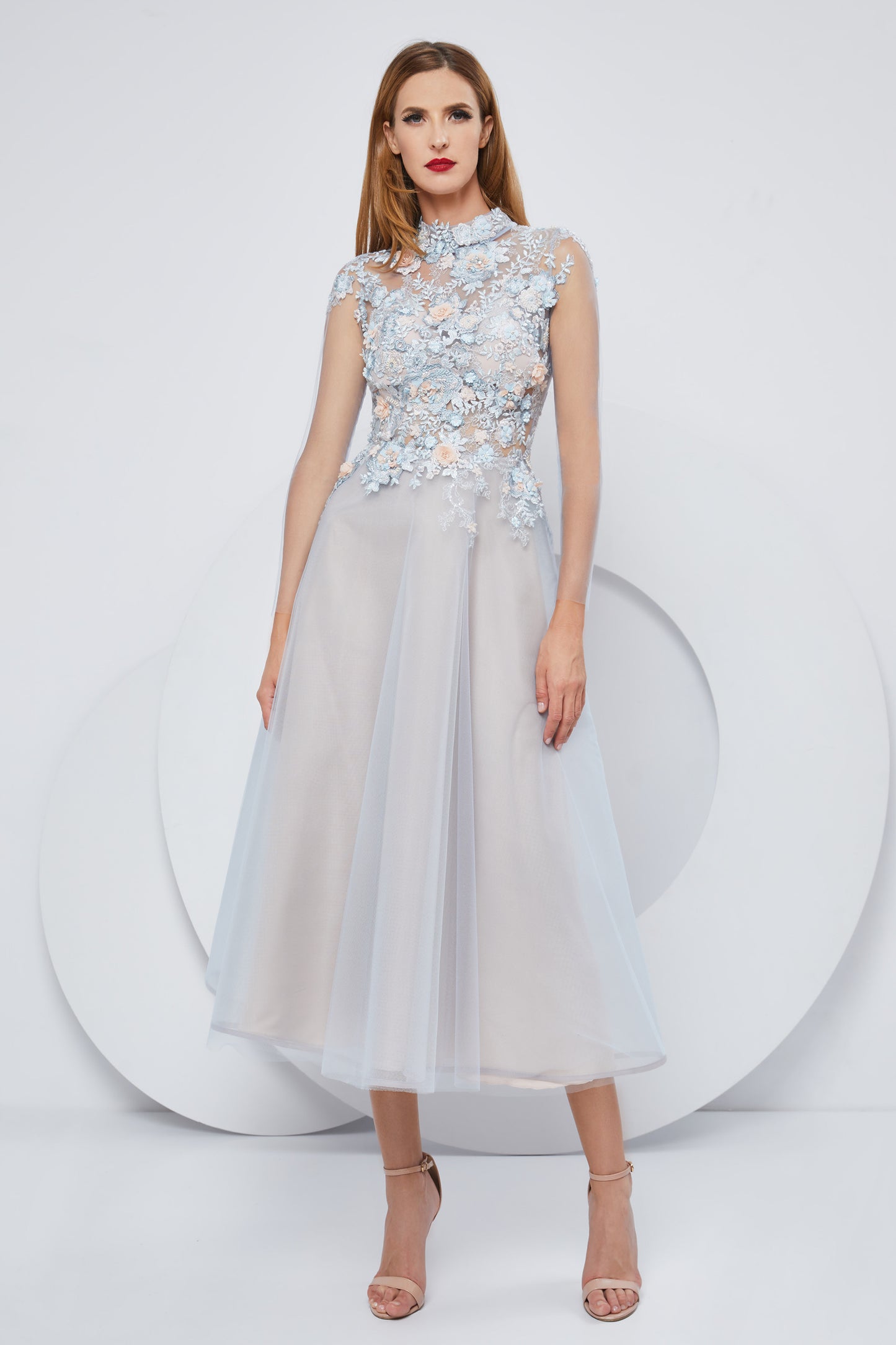 Embroidered Tulle Cap Sleeve Midi Dress