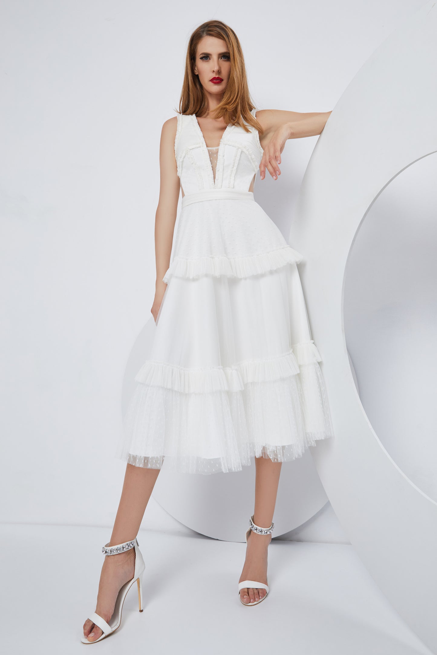 Sleeveless Deep V Neck A-Line Midi Dress