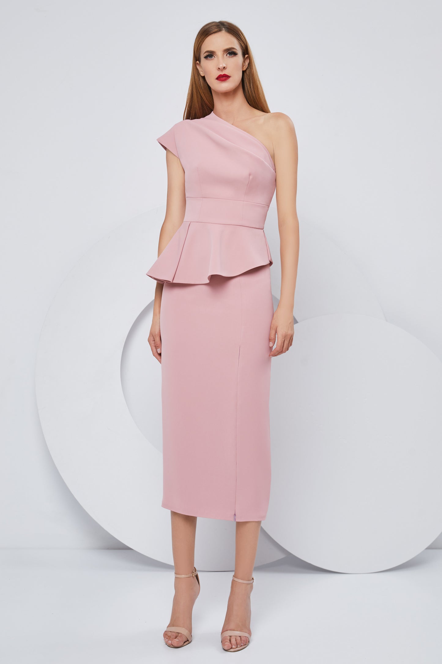 Stretch Crepe One Shoulder Blouse and Midi Skirt