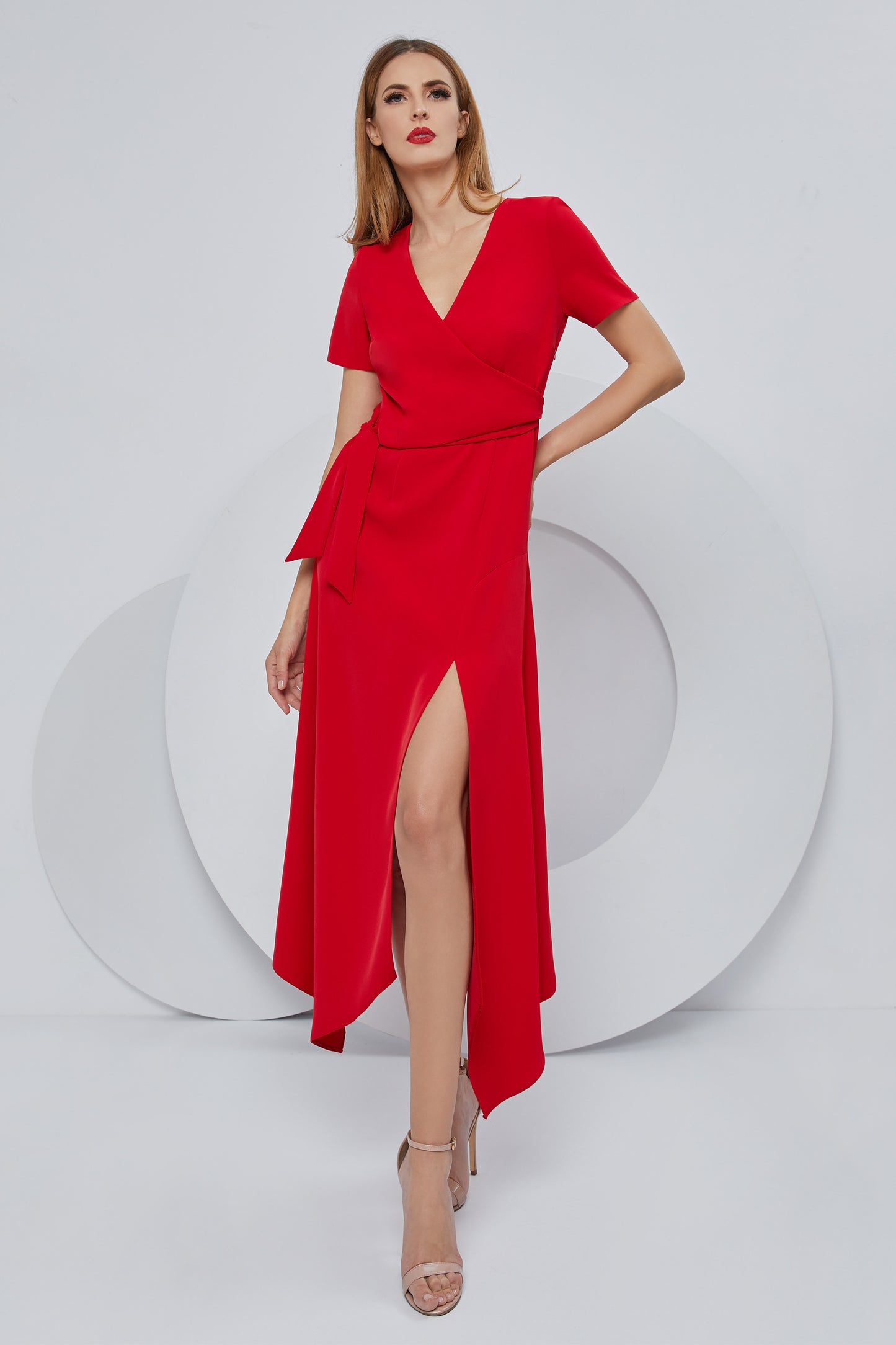 Short Sleeve Stretch Crepe Midi Dress