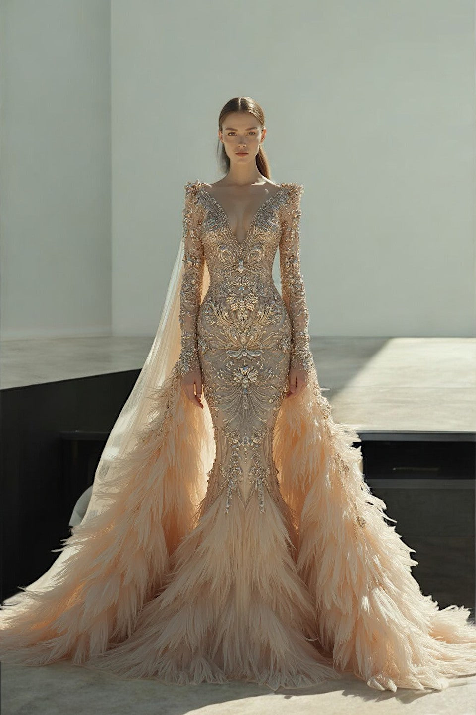 V-Neck Embroidered Feather Gown
