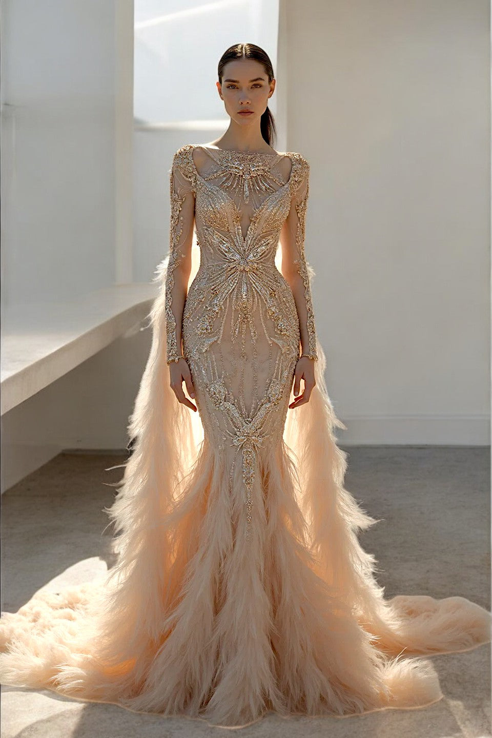 Embroidered Draped Feather Gown
