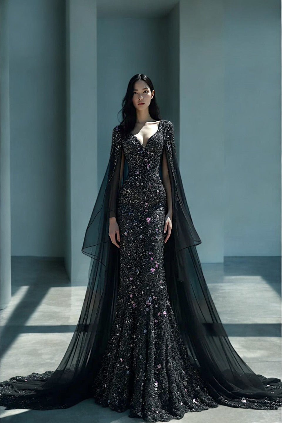 Illusion Draping Cape Gown